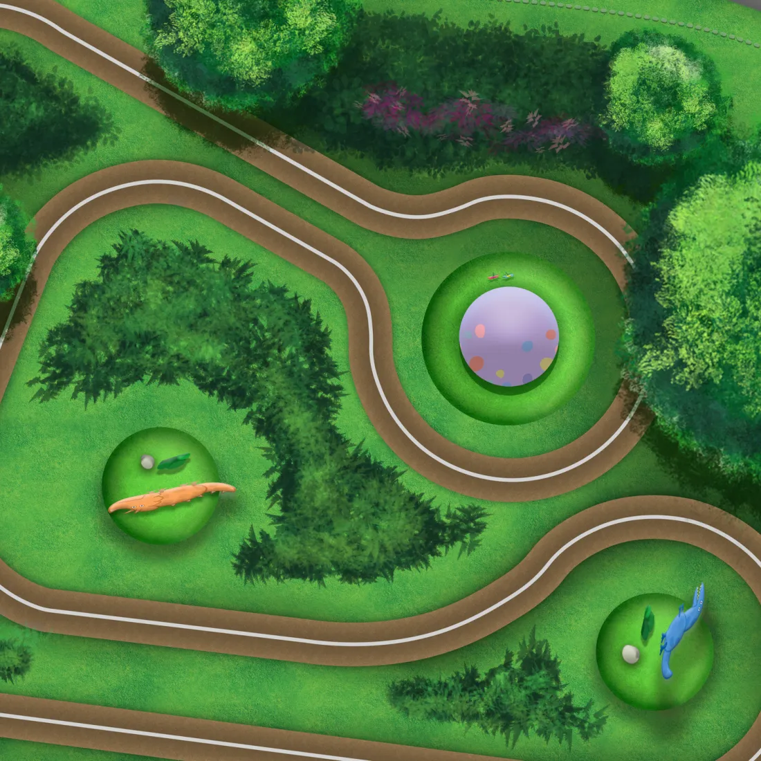 Aerial concept render of a landscaped themed adventure-golf course