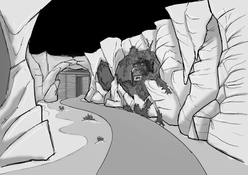 Black-and-white concept sketch of a themed rockwork ravine